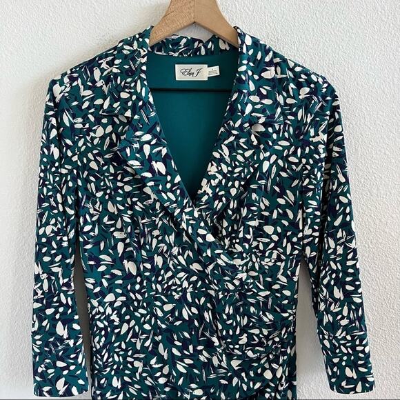 Eliza J Faux Wrap Collared Green Cream Navy Brushstroke Dress 6 - Picture 2 of 14